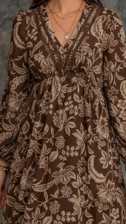 ALICIA | Vestido bohemio con cuello en V de encaje estampado floral