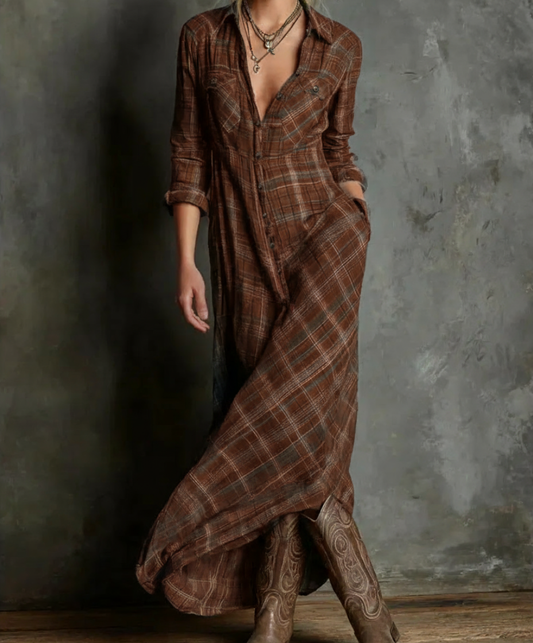 KARINA | Vestido largo a cuadros marrón
