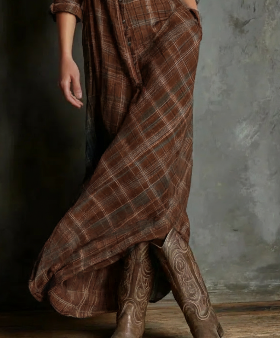 KARINA | Vestido largo a cuadros marrón