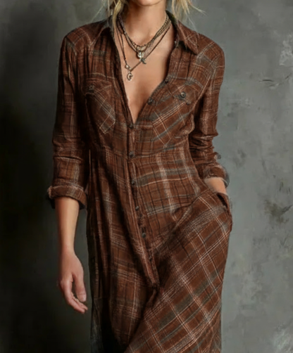 KARINA | Vestido largo a cuadros marrón