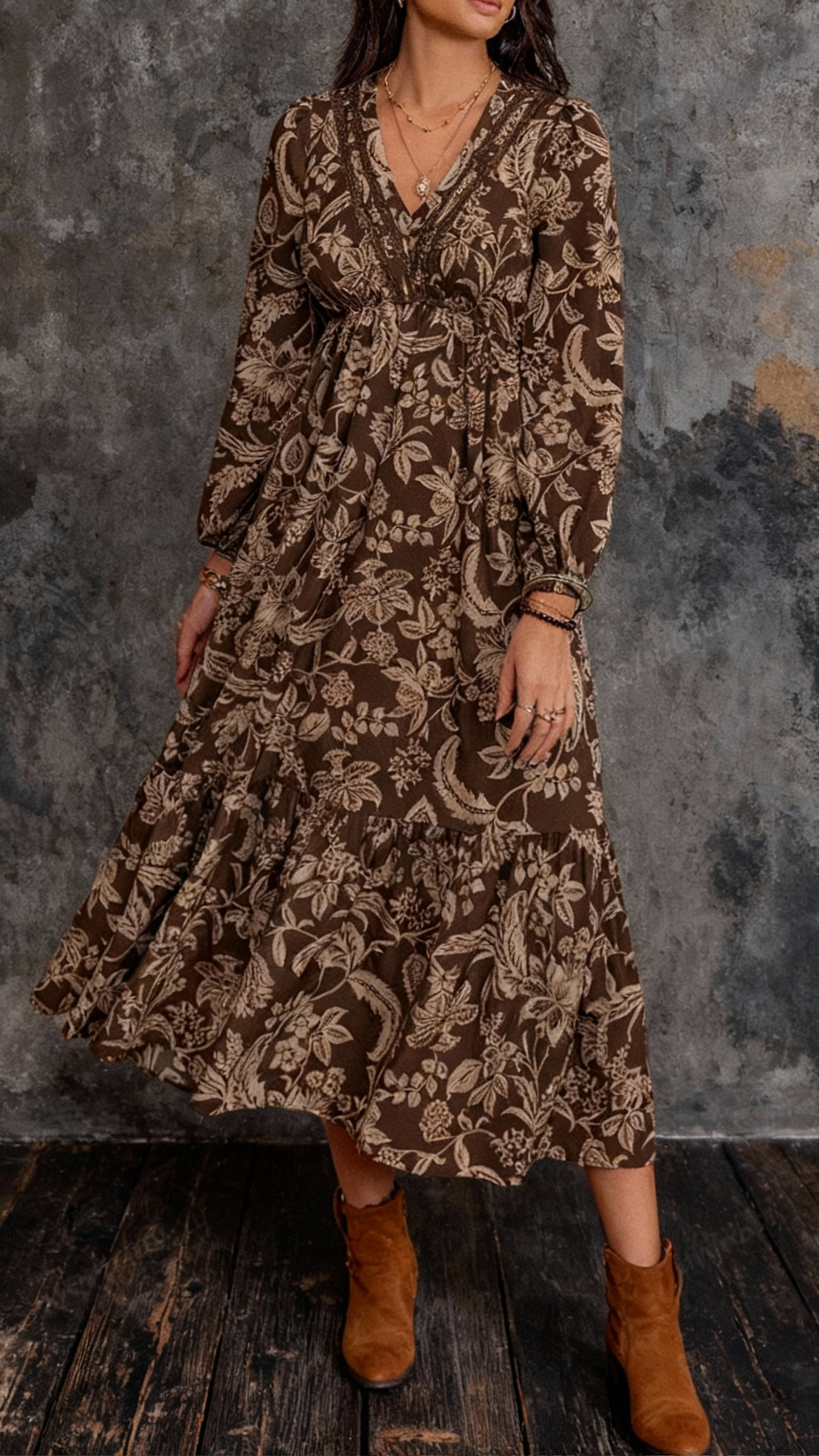 ALICIA | Vestido bohemio con cuello en V de encaje estampado floral