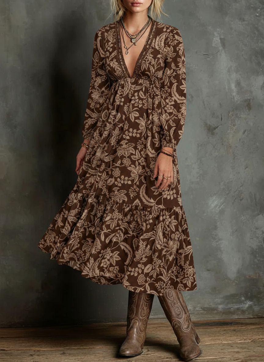 ALICIA | Vestido bohemio con cuello en V de encaje estampado floral